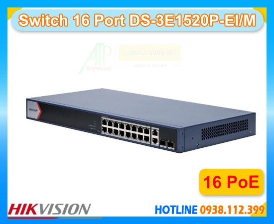 HIKVISION DS-3E1520P-EI/M, DS-3E1520P-EI/M, Switch PoE Hikvision 16 cổng, Switch quản lý PoE Gigabit Hikvision, Switch PoE 120W Hikvision, Switch Hikvision 300m, Bộ chia mạng PoE Hikvision, Switch Camera IP Hikvision